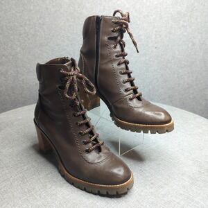 AGL Brown Leather Lace-Up Ankle Boots Chunky Heel Rugged Lug Sole Women's 8